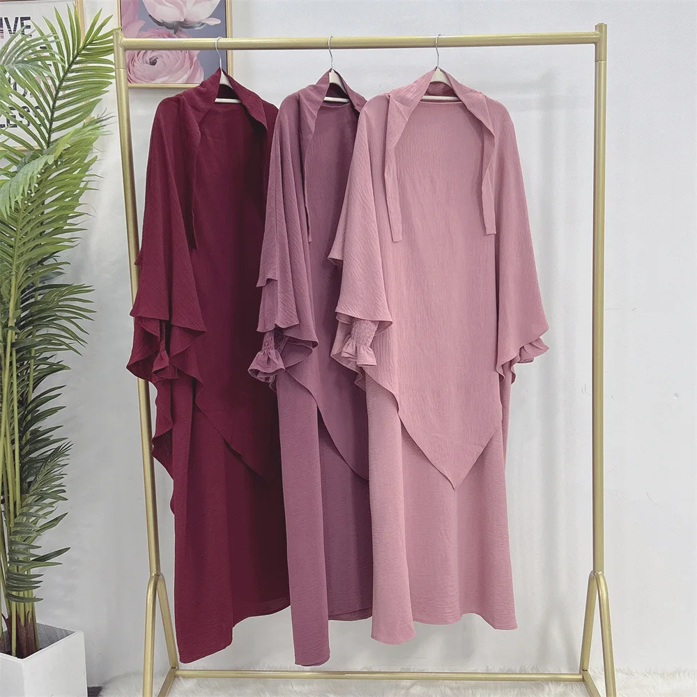 Khimar Abaya ensemble tissu froissé robe à manchette smockée + 2 couches Hijab écharpe vêtements de prière Islam Jilbabs pour les femmes Ramadan musulman