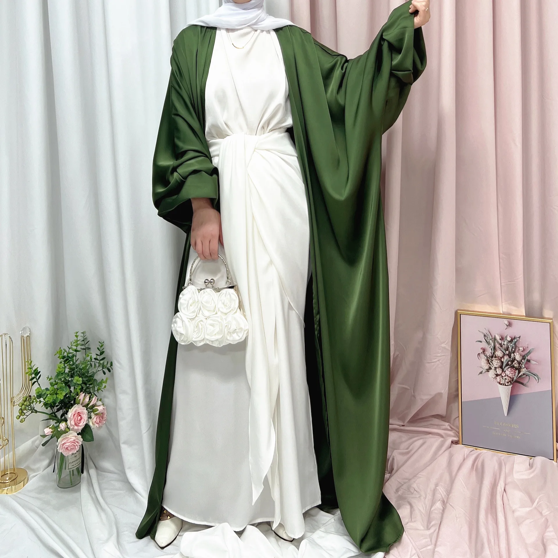 Abaya de luxe à manches bouffantes pour femmes musulmanes, robe de ramadan, robe de soirée blanche et rose, vêtements kimono, Turquie, Dubaï, vêtements islamiques pour filles