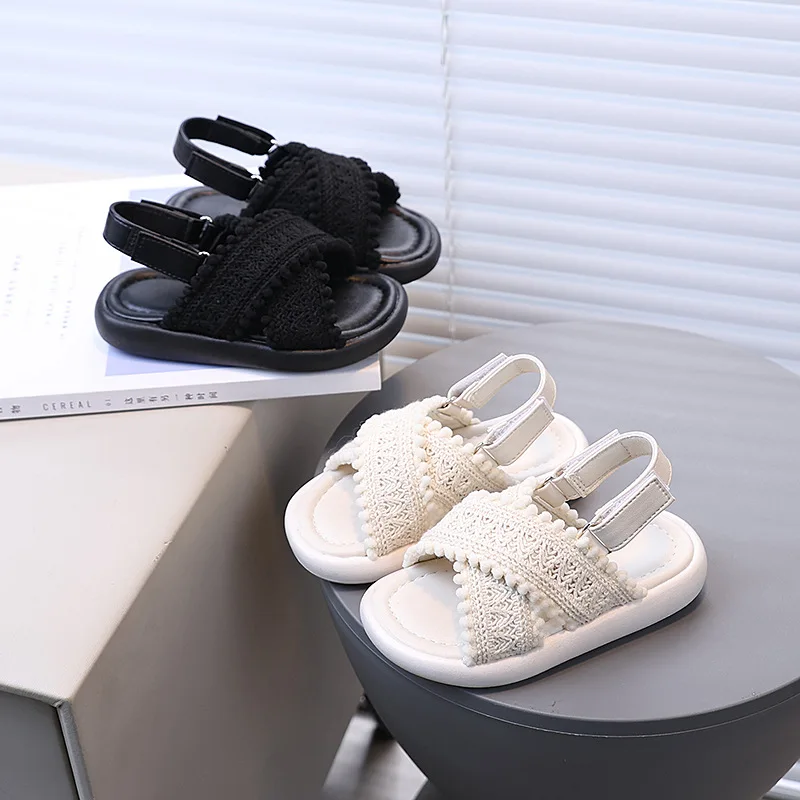 Sandales d'été pour filles, chaussures de plage, mignonnes et douces, lanière à la cheville, sandales à bout ouvert, Beige, noir