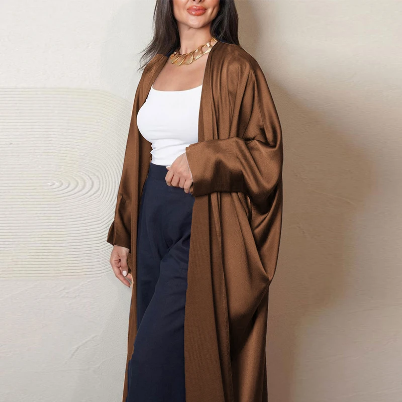 Kimono Abayas femmes modeste musulman marocain dubaï mode décontracté ouvert Abaya soie Satin Corban manches fendues Cardigan Eid Al Adha