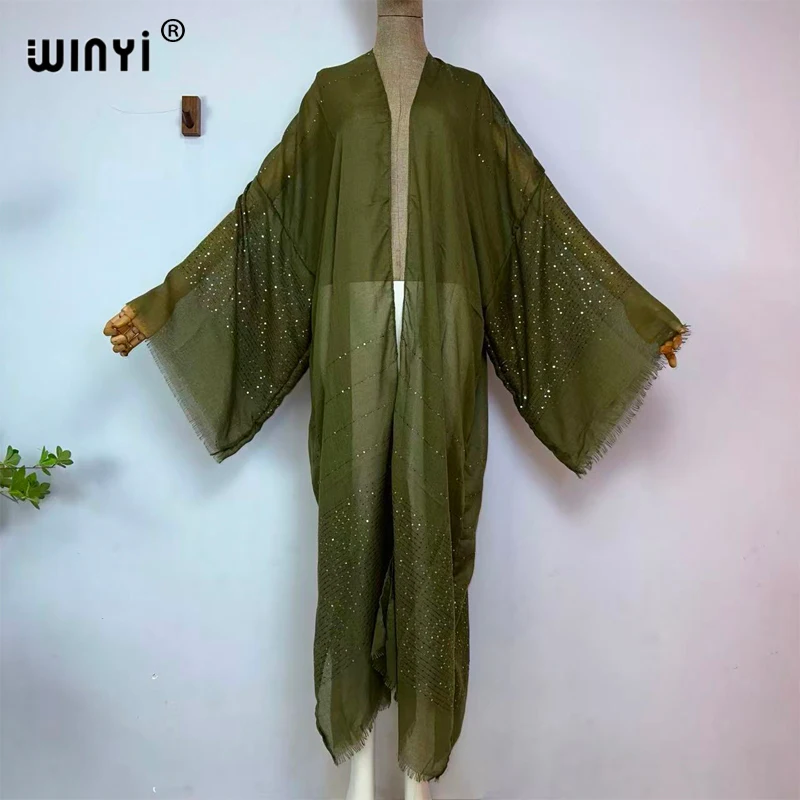 WINYI couleur unie design vêtements de plage maillot de bain moyen-orient abaya dubaï luxe femmes Cardigan vacances à manches longues robe Kimono