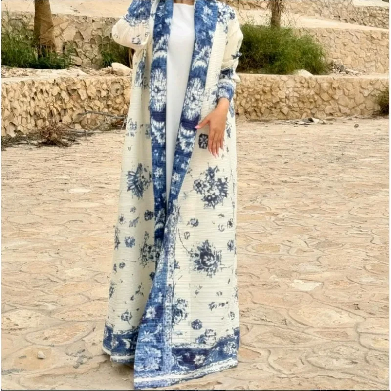 Abaya-Veste Longue Plissée Imprimée de Style Ethnique pour Femme Musulmane, Cardigan à Grand Revers, Dubaï, Automne 2024