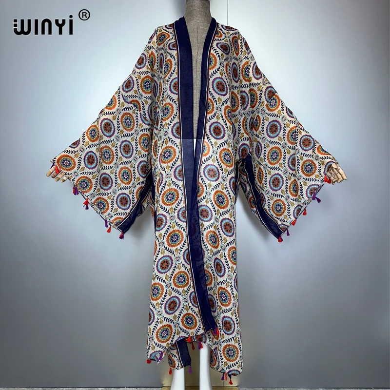 WINYI kimono imprimer femmes manteau glands amples robe longue Boho plage vacances natation couvrir robes de soirée de luxe dubaï abaya