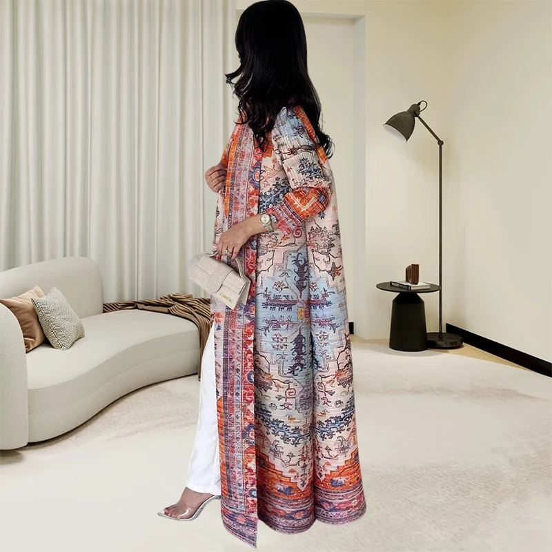 Abaya Miyake plissé imprimé Robe veste arabe dubaï Style femmes à manches longues conservateur recat musulman Trench Coat 55 pouces