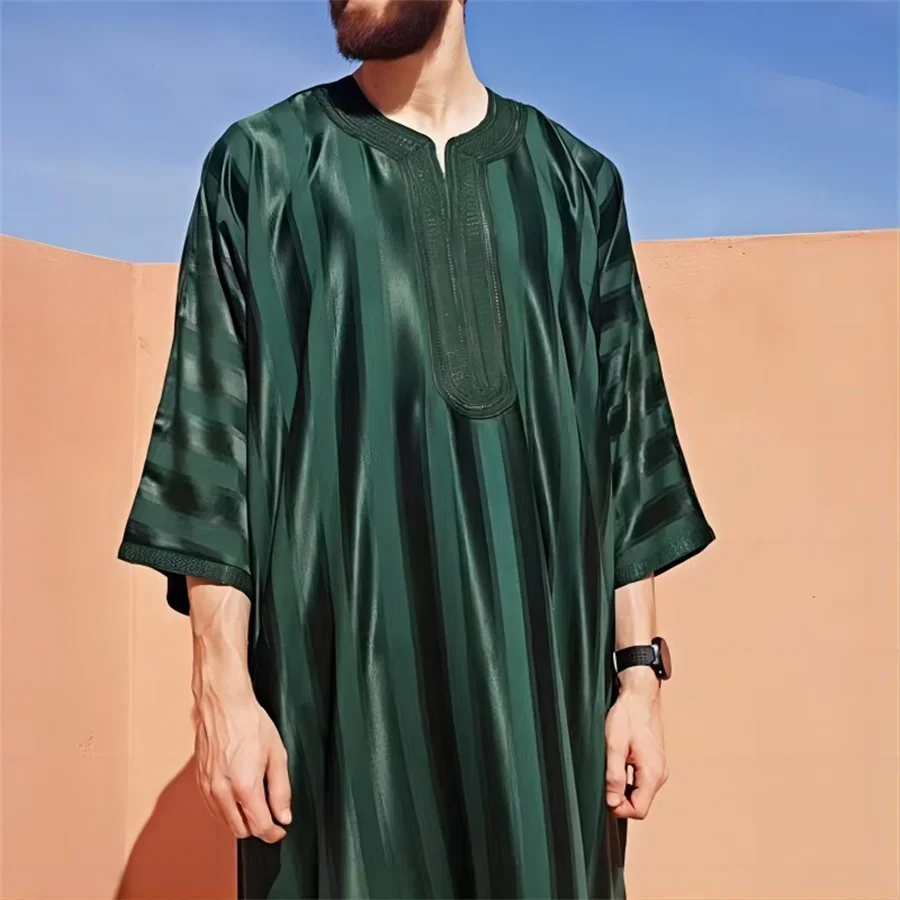 Abaya musulman pour hommes, vêtements islamiques brodés à rayures, Jubba Thobe, caftan marocain de dubaï, Robe de prière Eid, nouvelle collection 2025