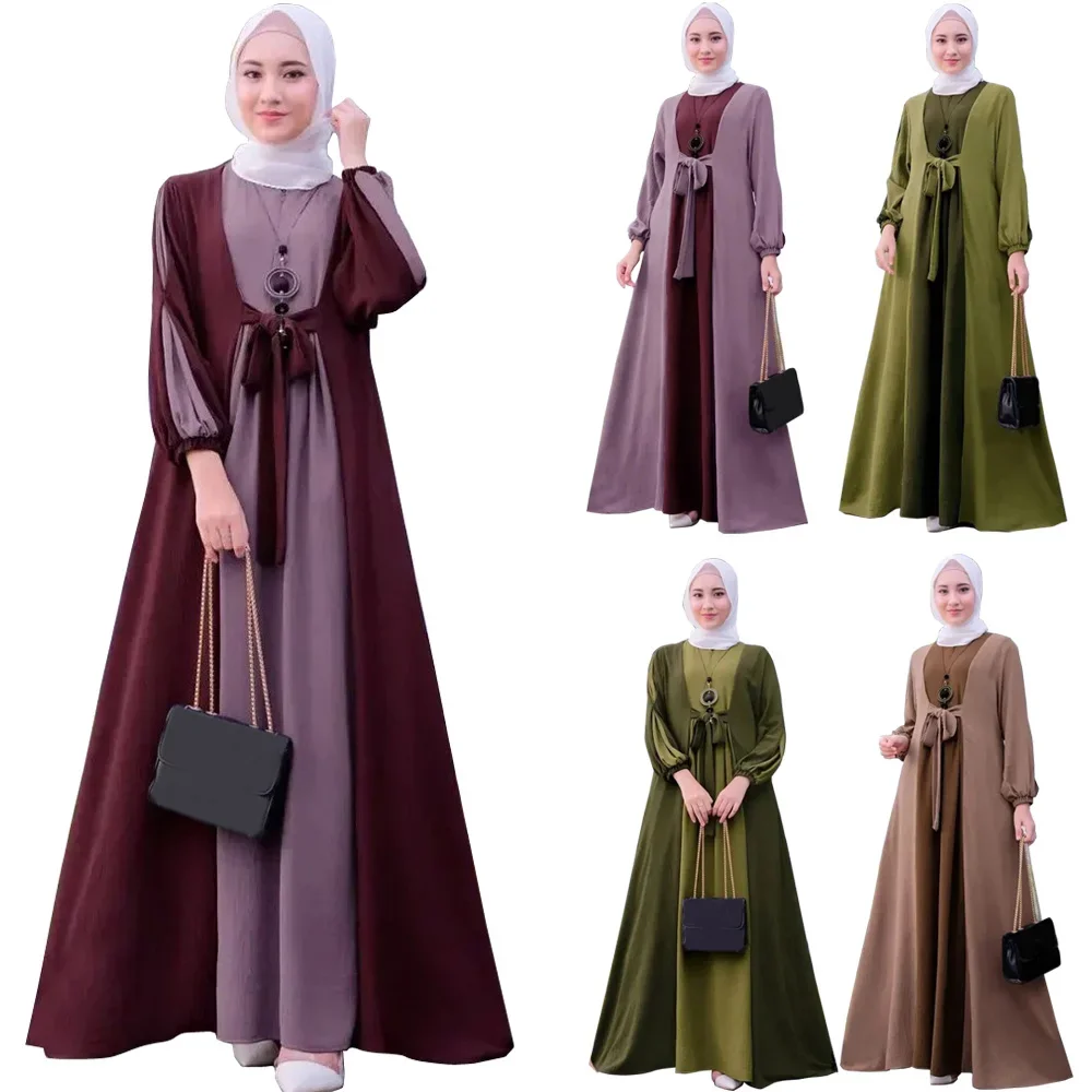 Robe Ample Polyester Brun Clair Bordure Foncée Noeud Decoratif Taille Manches Large Flottant Elegante Soirée Ramadan Aïd