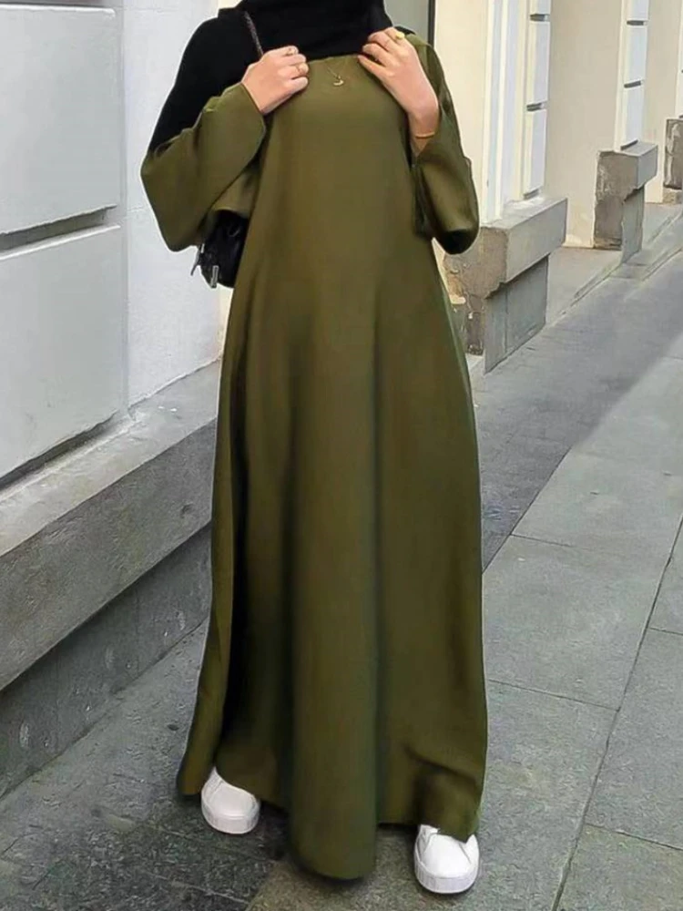 Robe Ample Satin Vert Olive Femme Manches Longues Col Large Coupe Droite Hanches Libres Été Soirée Élégante