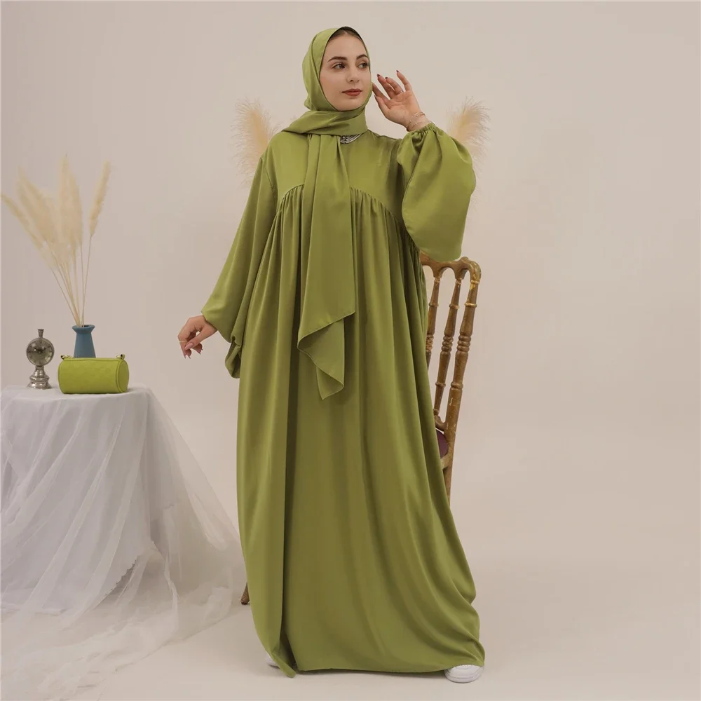 Abaya-Robe longue musulmane unie pour femmes, manches ballon Eid, robe islamique avec écharpe, robes africaines, dubaï, caftan de modestie turque