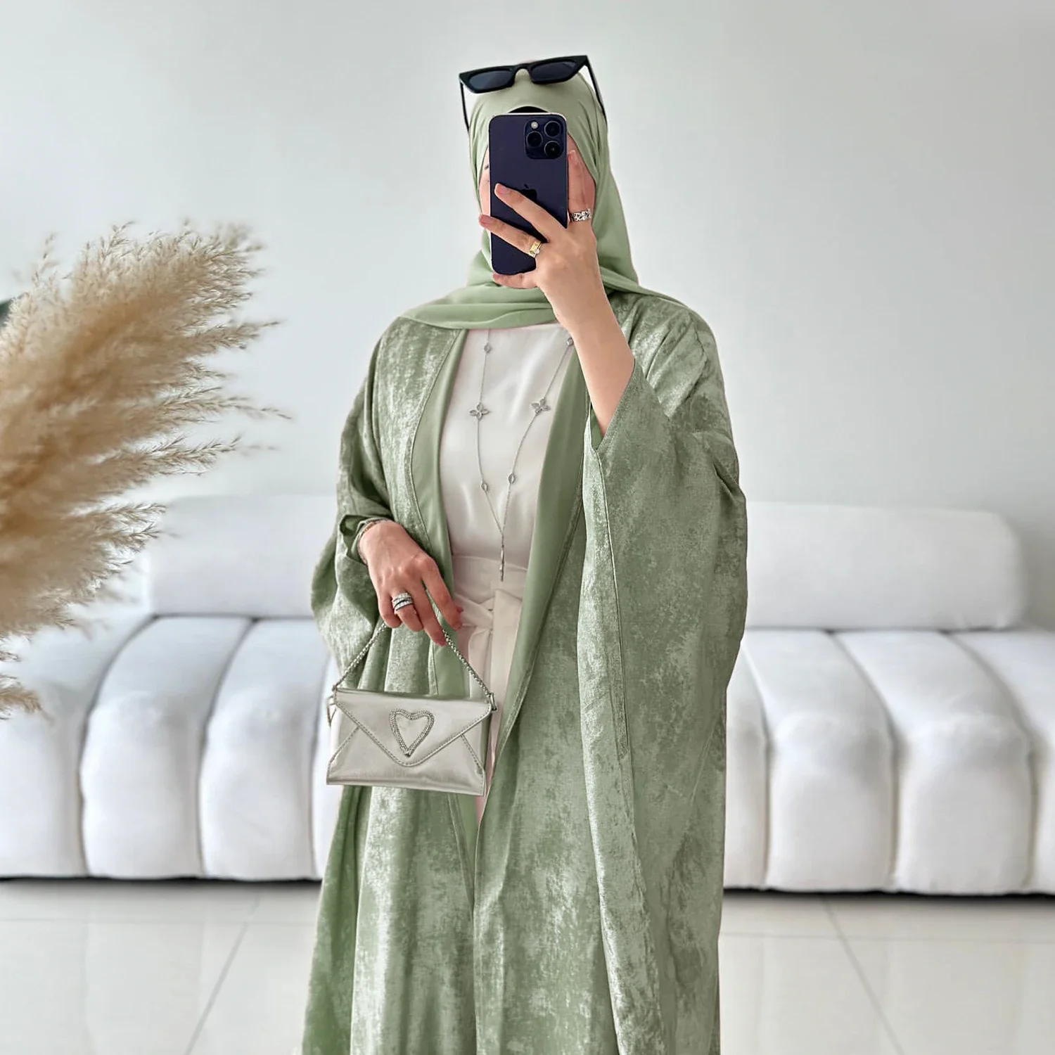 Abaya Polyester Vert Clair Femme Capuche Integree Robe Blanche Longue Cape Libre Tombé Junior Normale