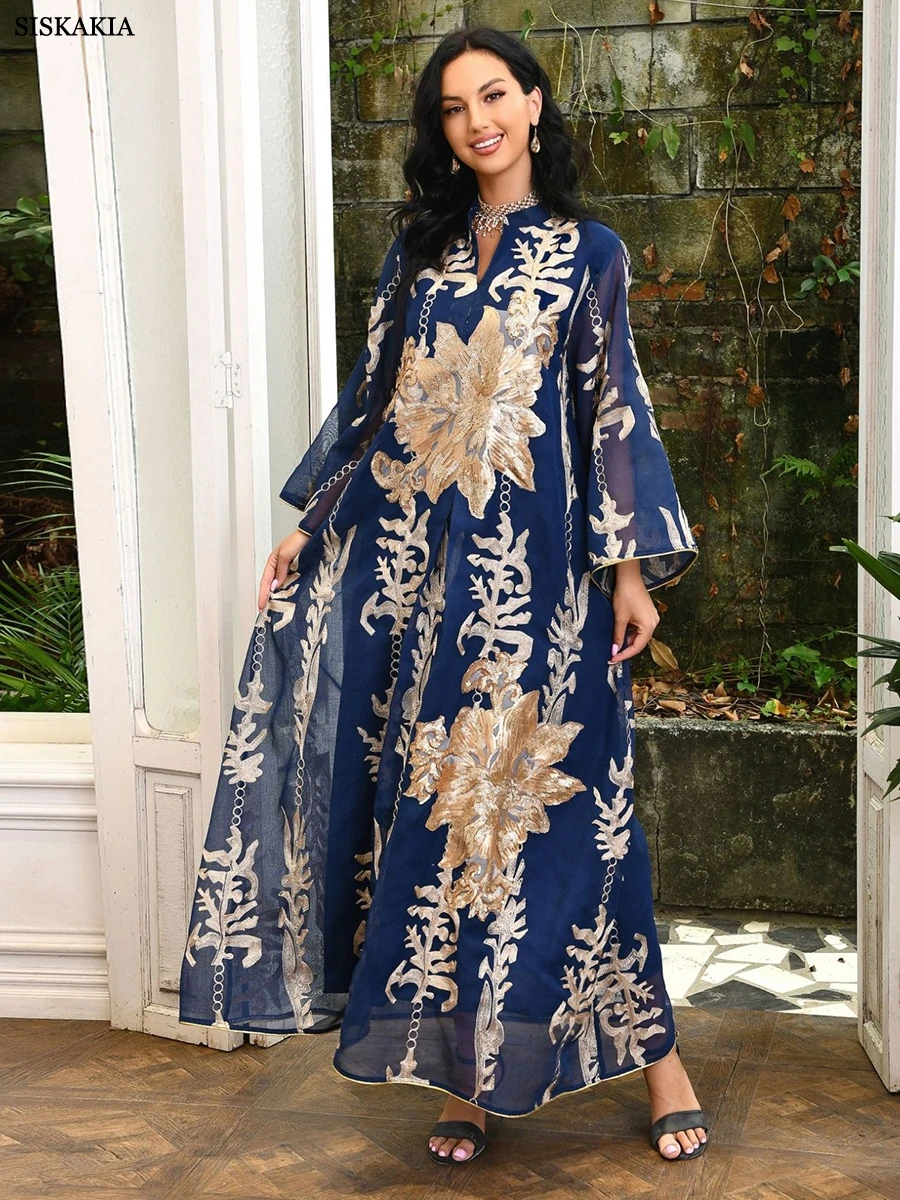 Robe Longue Polyester Bleue Motif Floral Dore Asymetrique Occasion Formelle Soiree Elegante Fete Religieuse İslamique Ethnique Maroc Turquie