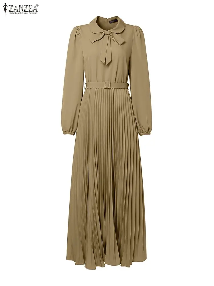 2025 ZANZEA femmes élégantes automne longue lanterne manches Robe musulmane Abaya plissée Robe d'été ceinturée Robe Femme fête robes de travail