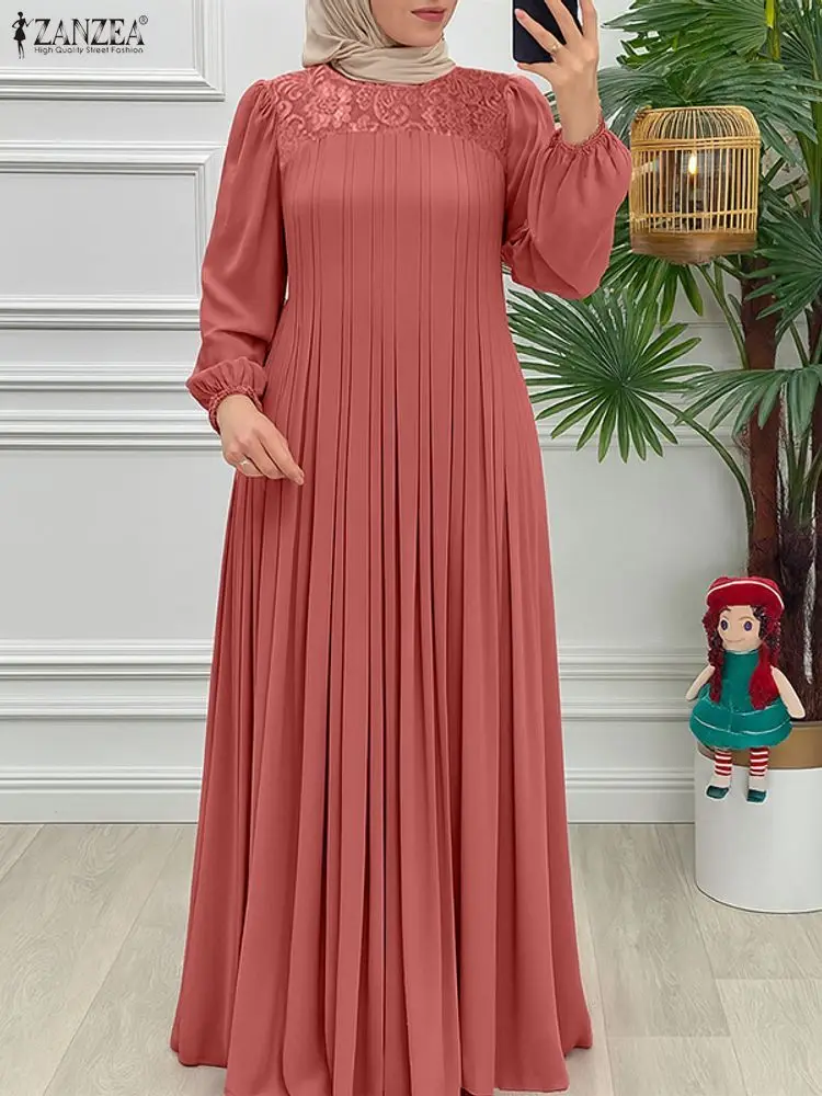 2025 ZANZEA automne dentelle Patchwork robes Ramadan musulman Abaya Robe femmes à manches longues plissée Robe d'été islamique dubaï Robe Femme