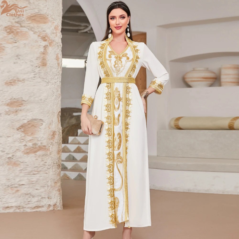 Robe Longue Polyester Blanc Femme Coupe Droite Motif Dore Tombé Ample Occasion Religieuse Fete Traditionnelle Dubaï