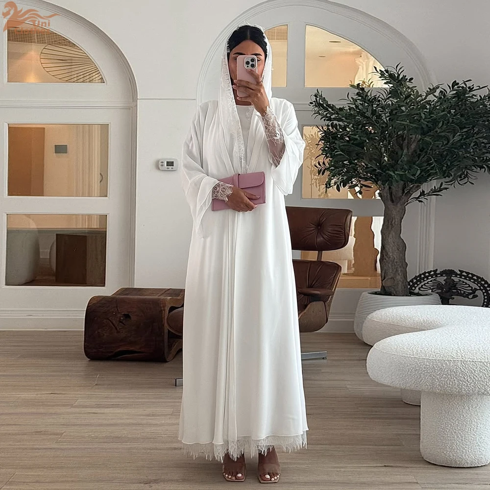 Uni Dubai solide blanc ouvert Abaya pour femme musulmane avec Hijab écharpe dentelle bande Cardigan élégant décontracté ample marocain saoudien caftan