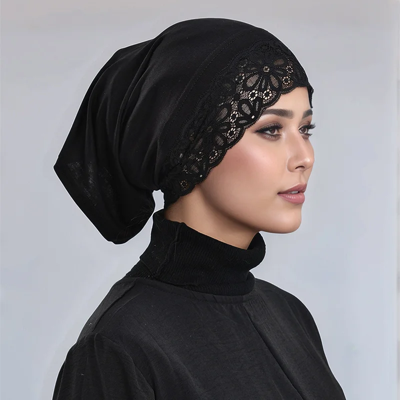 Sous-casquette Hijab intérieure en coton modal avec dentelle, turban musulman, sous-écharpe Islam, bonnet Hijabs doux, casquette tubulaire commandée