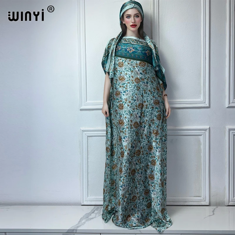 WINYI-Robe musulmane pour femmes, abaya africaine, dubaï, col ras du cou, imprimé, kaftan, élégante, longueur maxi, tenue de plage