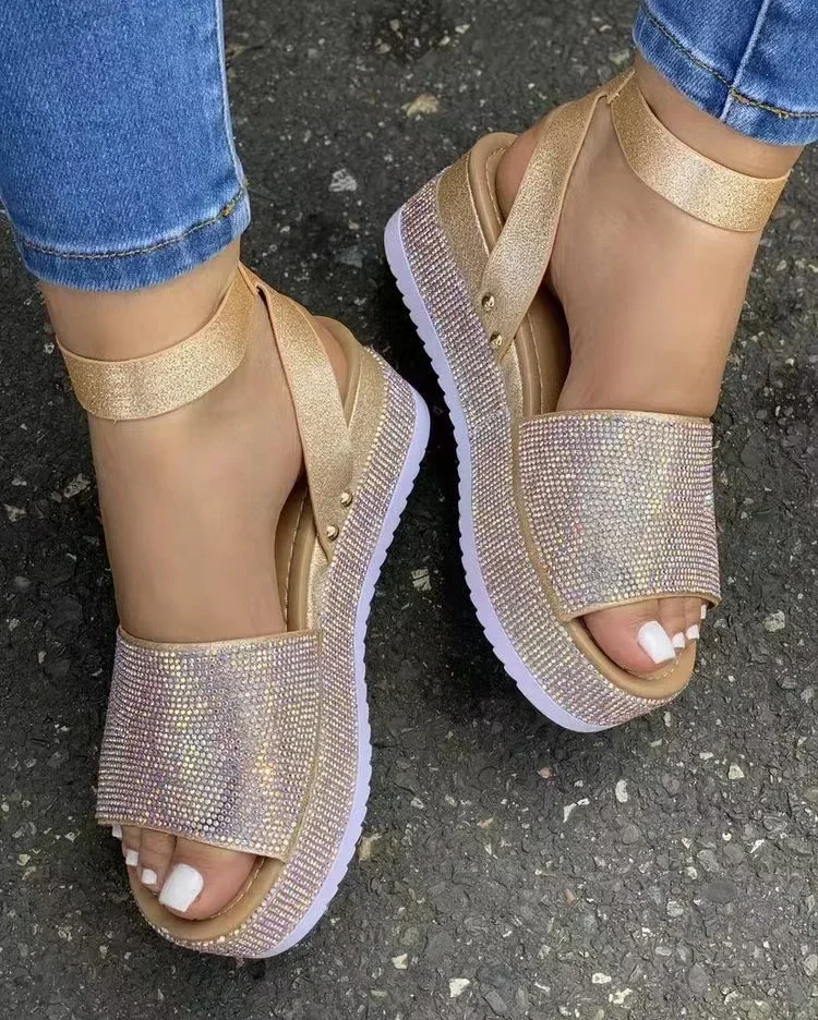 Sandales à Semelles Compensées pour Femme, Chaussures Tendance, Talons Élégants, Mode Robe de Soirée, Strass Noirs, Été 2024
