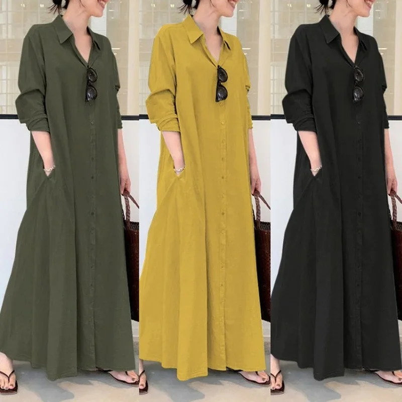 Abayas-Robe longue en coton et lin pour femme musulmane, chemise décontractée simple, revers de document solide, manches longues, poche, 2025