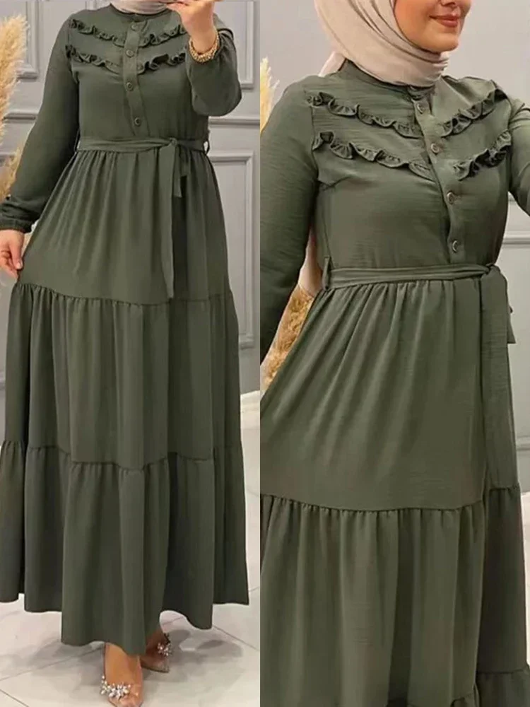 Robe Ample Polyester Verte Olive Violet Orange Coupe Droite Ceinture Volants Decoratifs Soirée Elégante