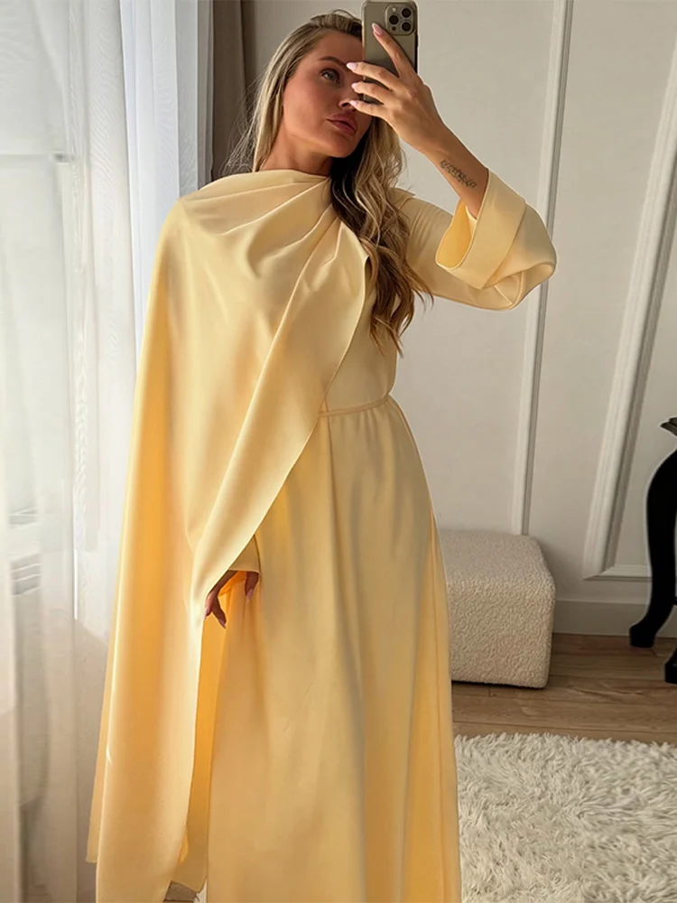 Abaya – ensemble Hijab en Satin élégant, robe Maxi avec ceinture, manches longues, robe de soirée formelle pour femmes, couleur unie, robes de Festival, tenue