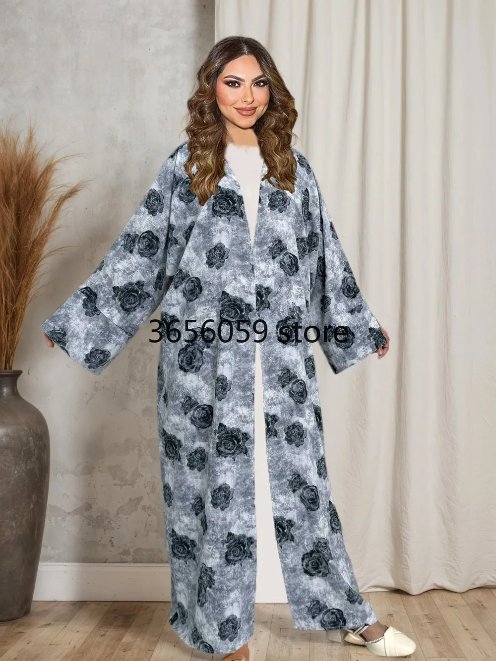 Abaya musulman d'été, Base grise, imprimé Rose noire, Long Cardigan pour femmes, vêtements islamiques élégants et modestes avec motif Floral artistique