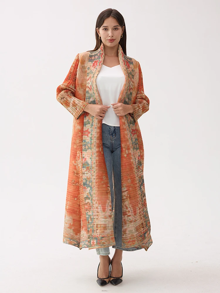 Miyake plissé Vintage imprimé col rabattu à manches longues veste longue femmes concepteur Abaya nouveau dubaï mode grande taille manteaux