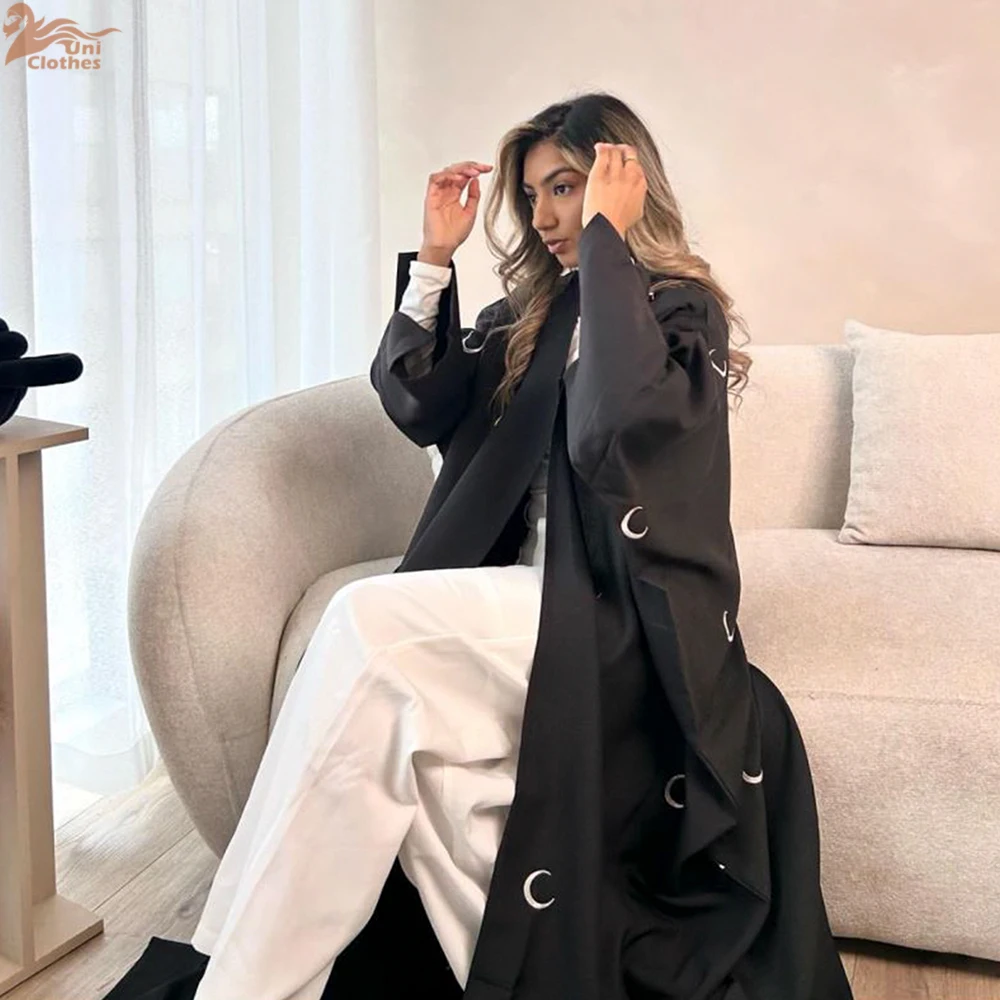 Abaya-Cardigan brodé de lune pour femmes musulmanes, robe élégante, kimono arabe, manteau Eid Ramadan, vêtements islamiques, ouvert à Dubaï, Turquie, nouveau, 2025