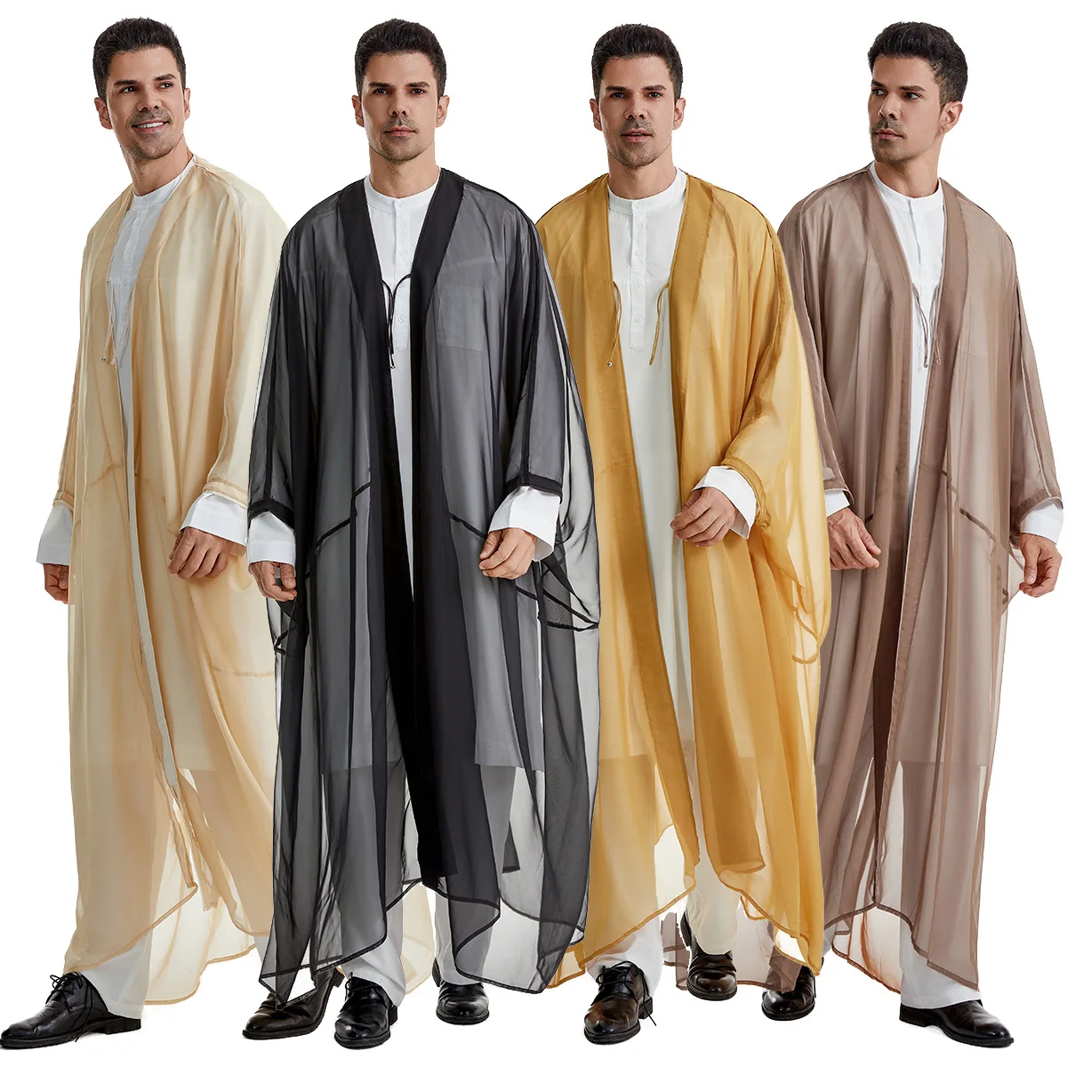 Jubba Thobe Polyester Brun Longueur Terrain Manches Longues Asymétrique Fournie Large Élargie Soirée Journaliere