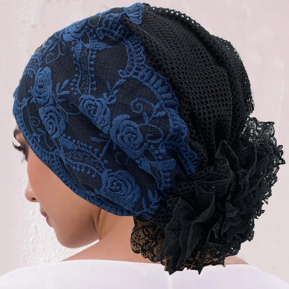 Turban Polyester Floral Noir Femme Élégant Doux Haute Élasticité Toute Saison Ramadan Aïd Soirée