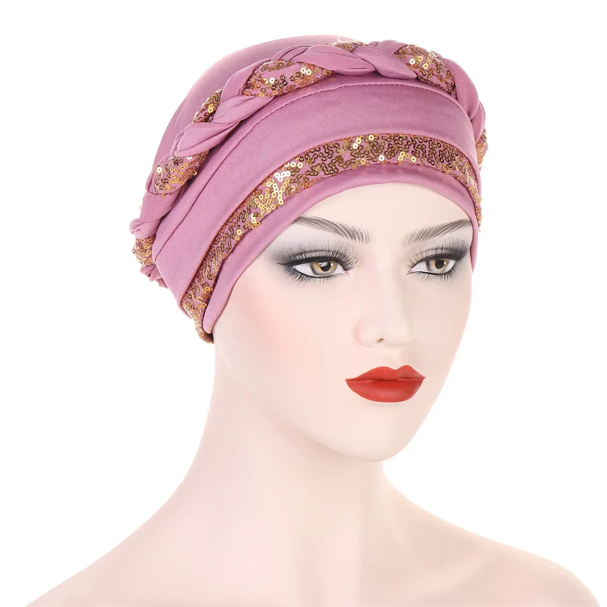 Turban Musulman Tressé pour Femme, Hijabs à la Mode, Bonnet Élégant à Paillettes, Écharpe artificiel astique pour la Tête, Couverture de Sauna