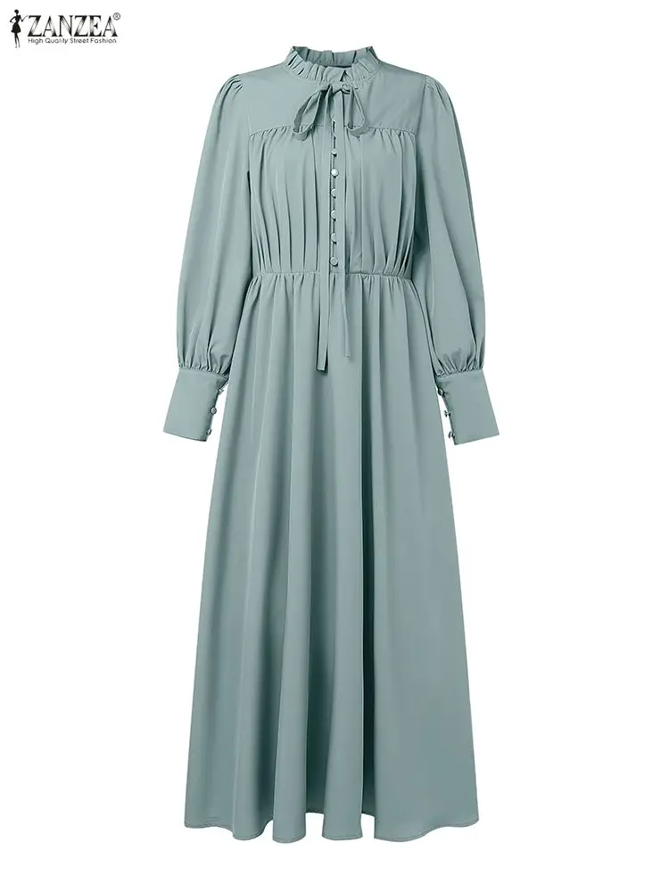 ZANZEA femmes luxe Maxi Robes élégant modeste col à volants noué taille à manches longues robe longue musulmane Hijabs Abaya Robes S-3XL