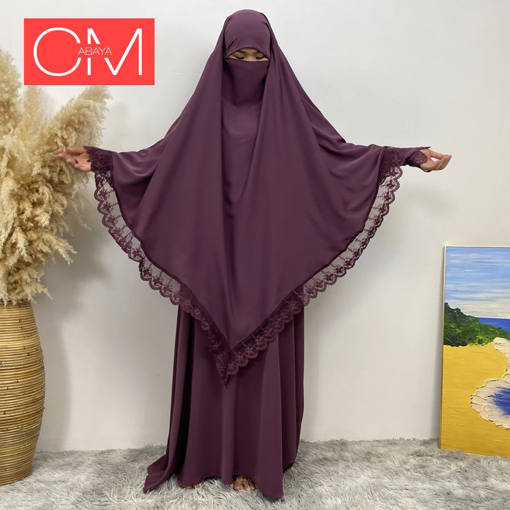 Abaya Polyester Prune Profond Femme Dentelle Blanche Coupe Droite Tombé Doux Ramadan Soirée Élégante