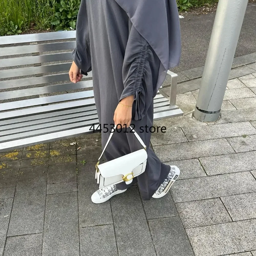 Abaya à manches froncées pour femmes, Abaya fermée, robe musulmane turque, tissu froissé fin et ample, vêtements islamiques, caftan modeste