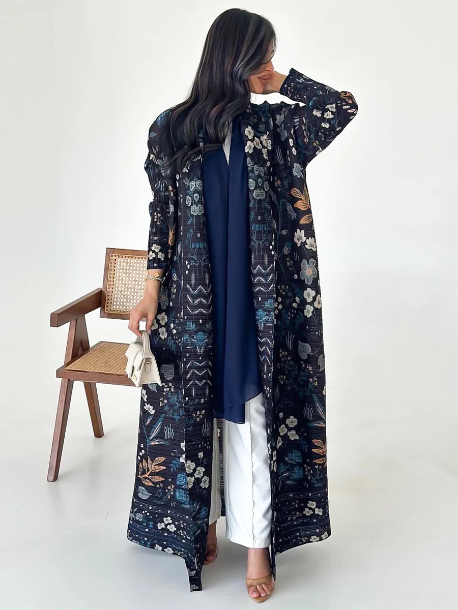 Dubaï Abaya luxe pour les femmes Miyake plissé imprimé Long manteau élégant formel soirée robes de bal femme Cardigan ouvert Abaya vêtements