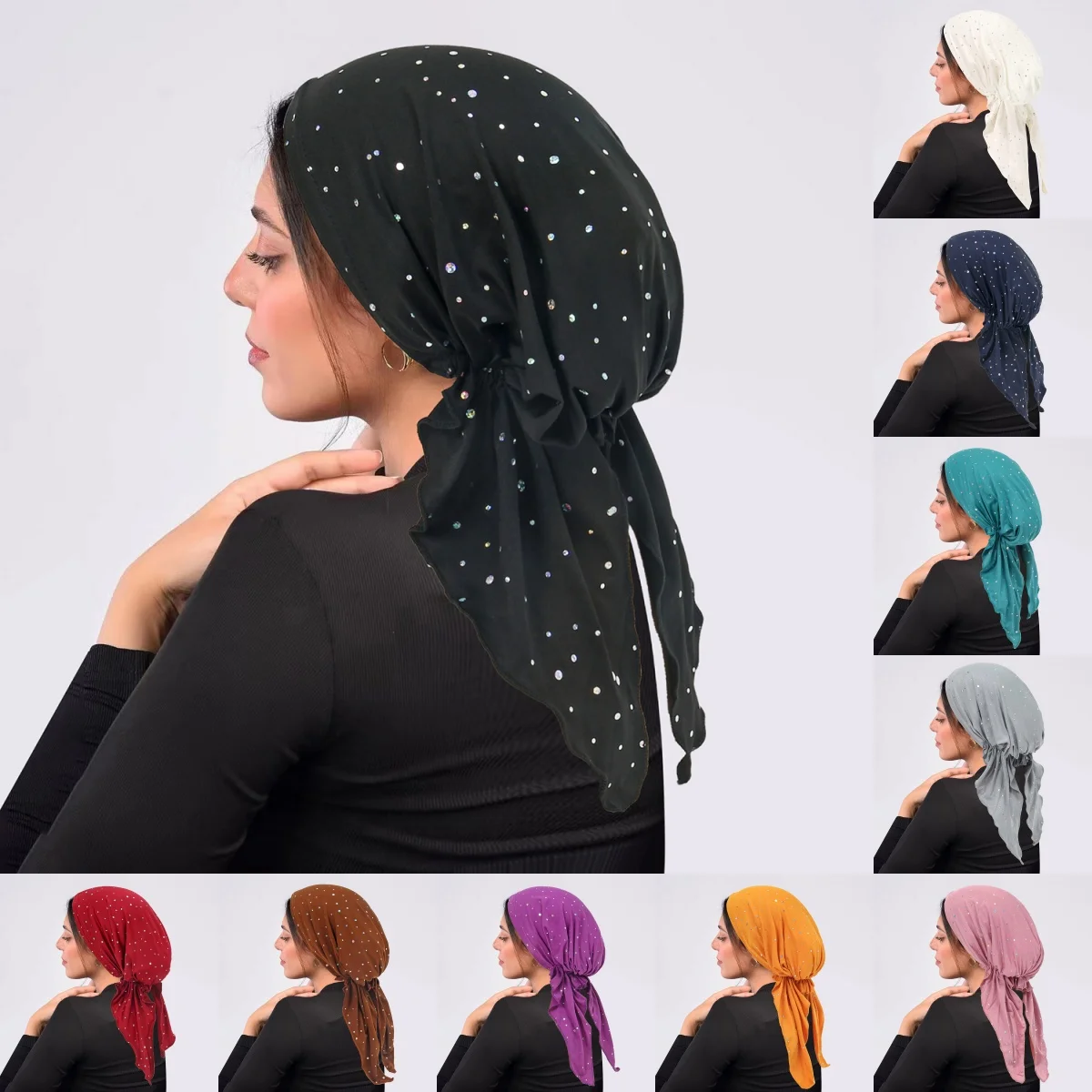 Strass décor Turban chapeau musulman Hijabs couleur unie élastique bandeau décontracté crâne casquette bonnets chimio casquette pour les femmes