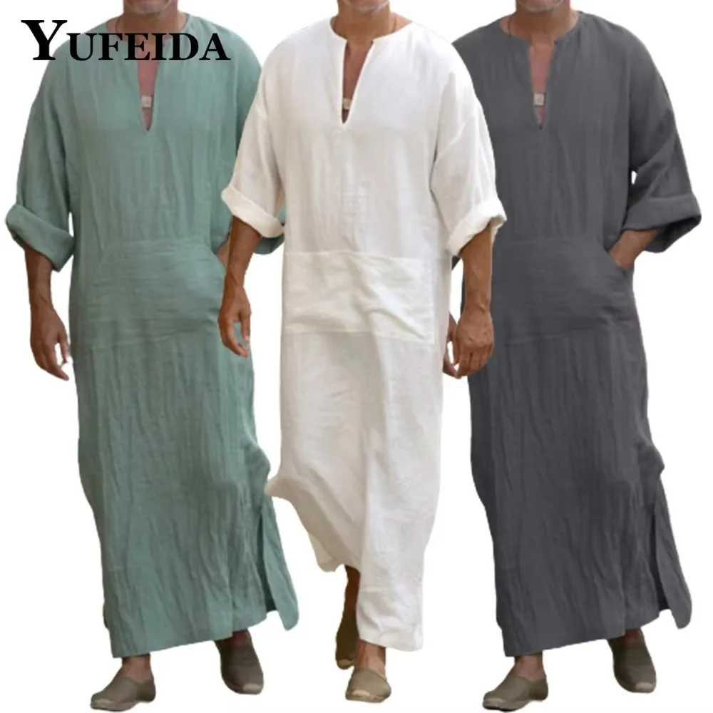 YUFEIDA hommes longue lin Jubba Thobe caftan musulman arabe islamique col en v à manches longues solide coton lin Robe arabe musulmane homme Abaya