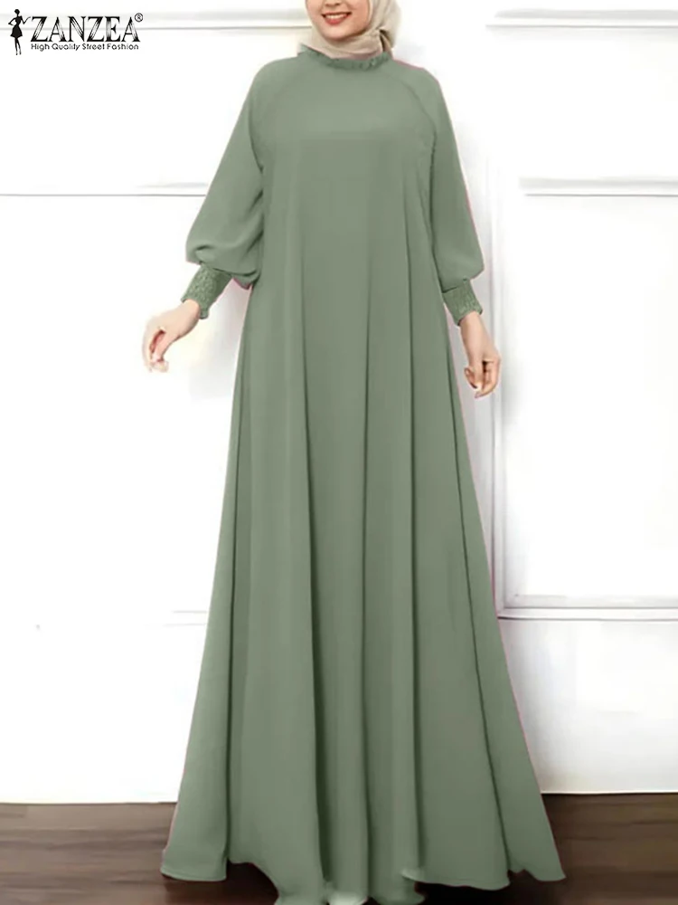 ZANZEA islamique Hijab élégant Robes mode musulmane froncé manchette femmes à manches longues Maxi robe solide à volants col rond Abaya Robes