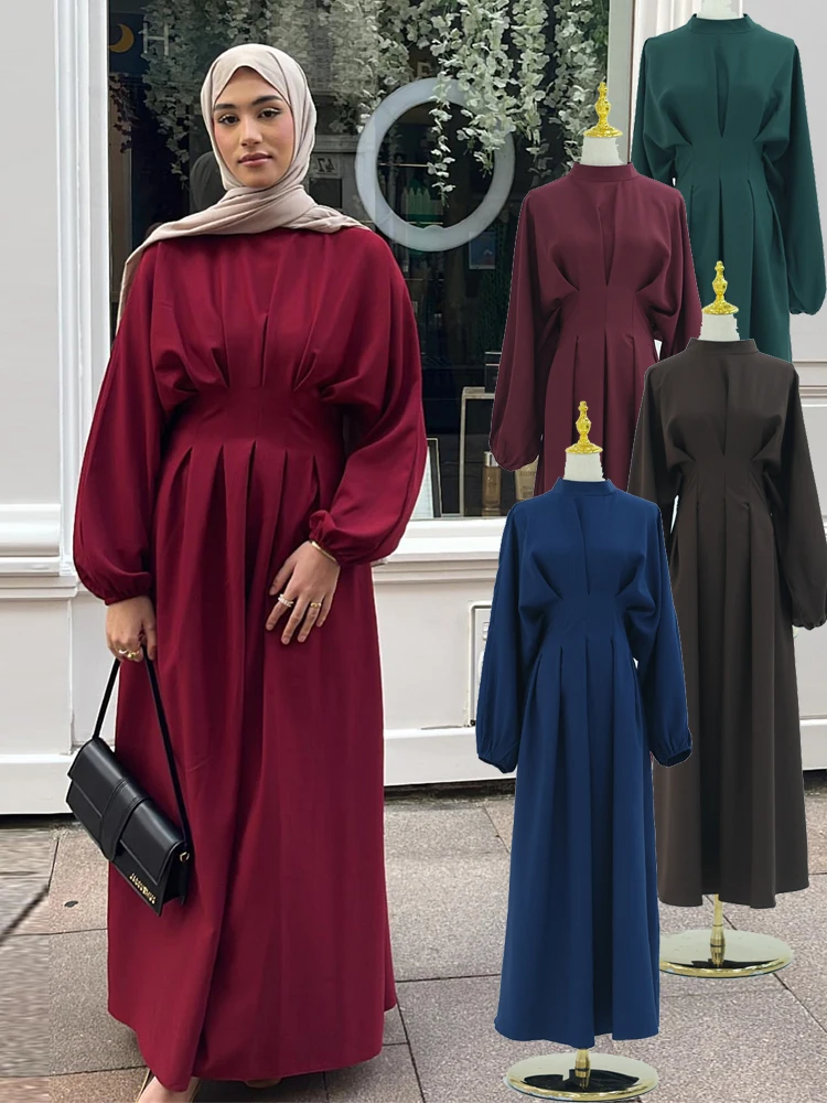 Robe Abaya Polyester Bordeaux Femme Coupe Simple Manches Larges Ceinture Silhouette Ramadan Soierie Elegant