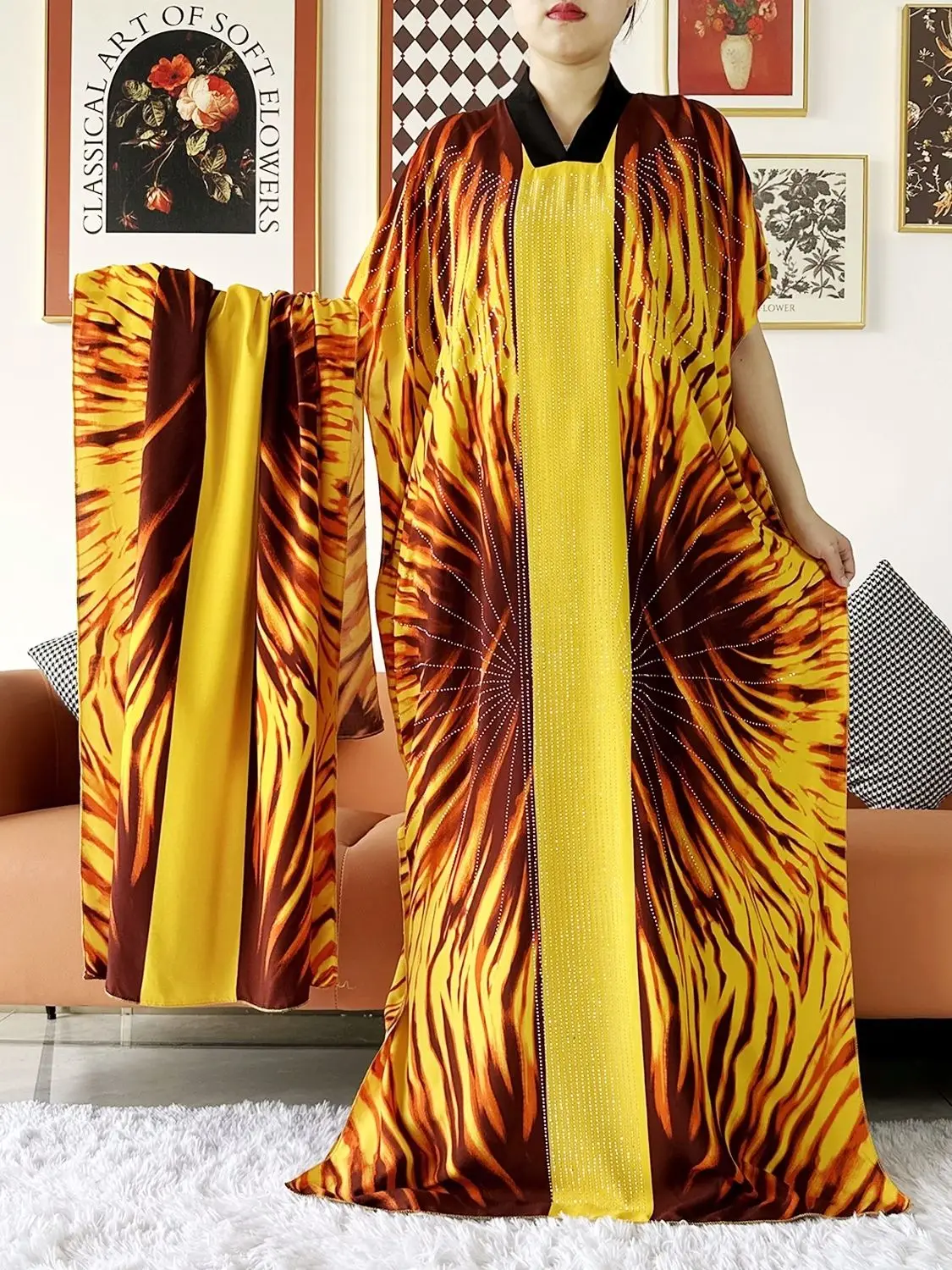 Abaya-Robe de Soirée en Coton à Manches Courtes pour Femme Musulmane Africaine, Boubou avec Strass, Grande Écharpe, Été 2024