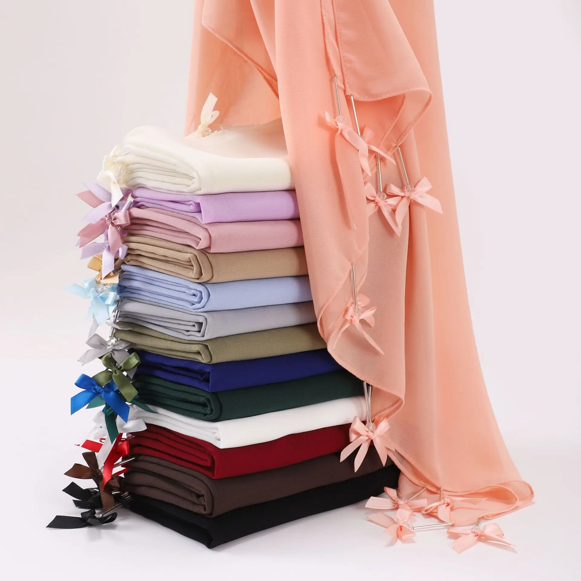 Nouveau mousseline de soie Hijab voile écharpe cousu à la main Tube de verre arc longue écharpe gaze cheval femmes musulmanes Hijab Islam Turban foulards dames