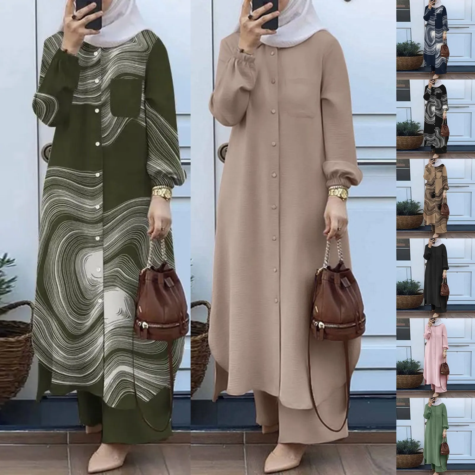 Abaya à manches longues pour femmes, ensembles musulmans, Turquie, Dubaï, chemise boutonnée, ensemble pantalon décontracté, olympiques Abayas pour femmes, tenues islamiques