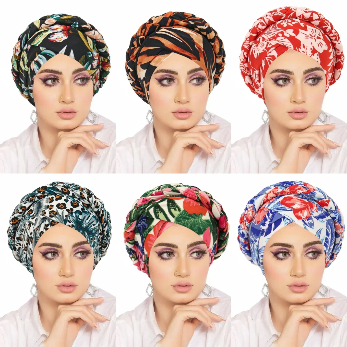 Nouvelle tresse Hijabs femmes croix front imprimé fleuri femme musulmane Turban pour fête élégant islamique bandeau élastique Hijab Bonnets