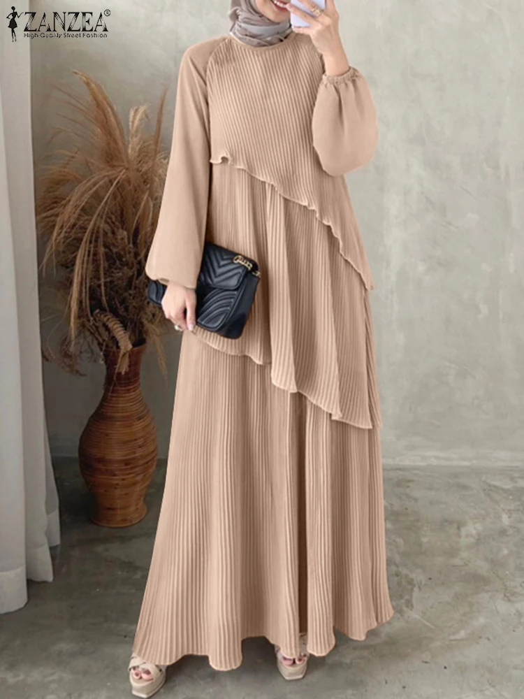 ZANZEA-Robe plissée Hijab islamique pour femmes, Robes Abaya superposées, Patchwork, Manches lanterne, Plisse Maxi, Mode musulmane élégante