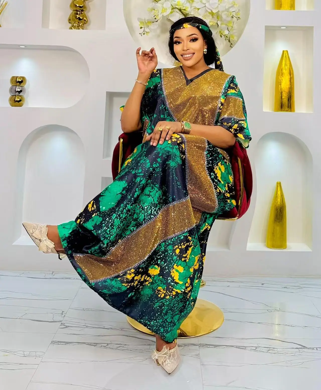 Robe Ample Noir Bleu Jaune Rouge Forme Droite Manches Courtes Col V Motif Abstrait Luxueux Femme
