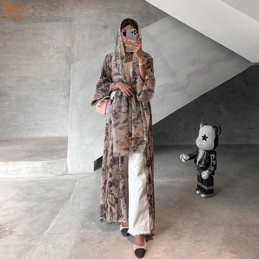 Uni luxe dubaï femmes Abayas Hijab inclus musulman élégant imprimé fleuri plissé ouvert Cardigan à manches longues caftan