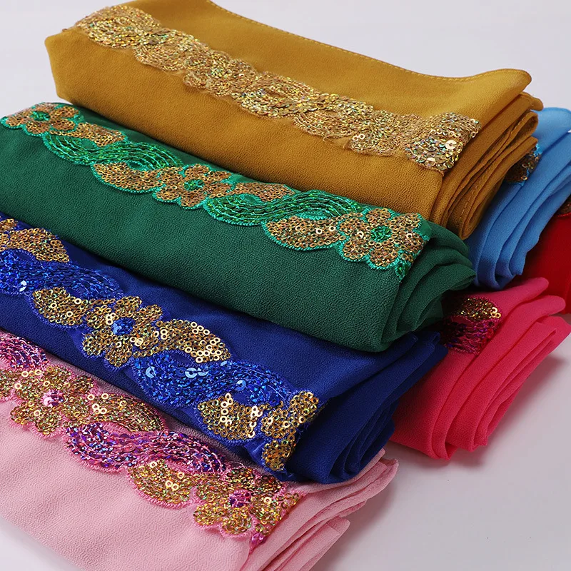 Mousseline de soie Hijab Turban pour femmes musulmanes Mode Foulard Ramadan Châles Paillettes Écharpe Headwraps Voile Islamique Bandeau 70x175cm