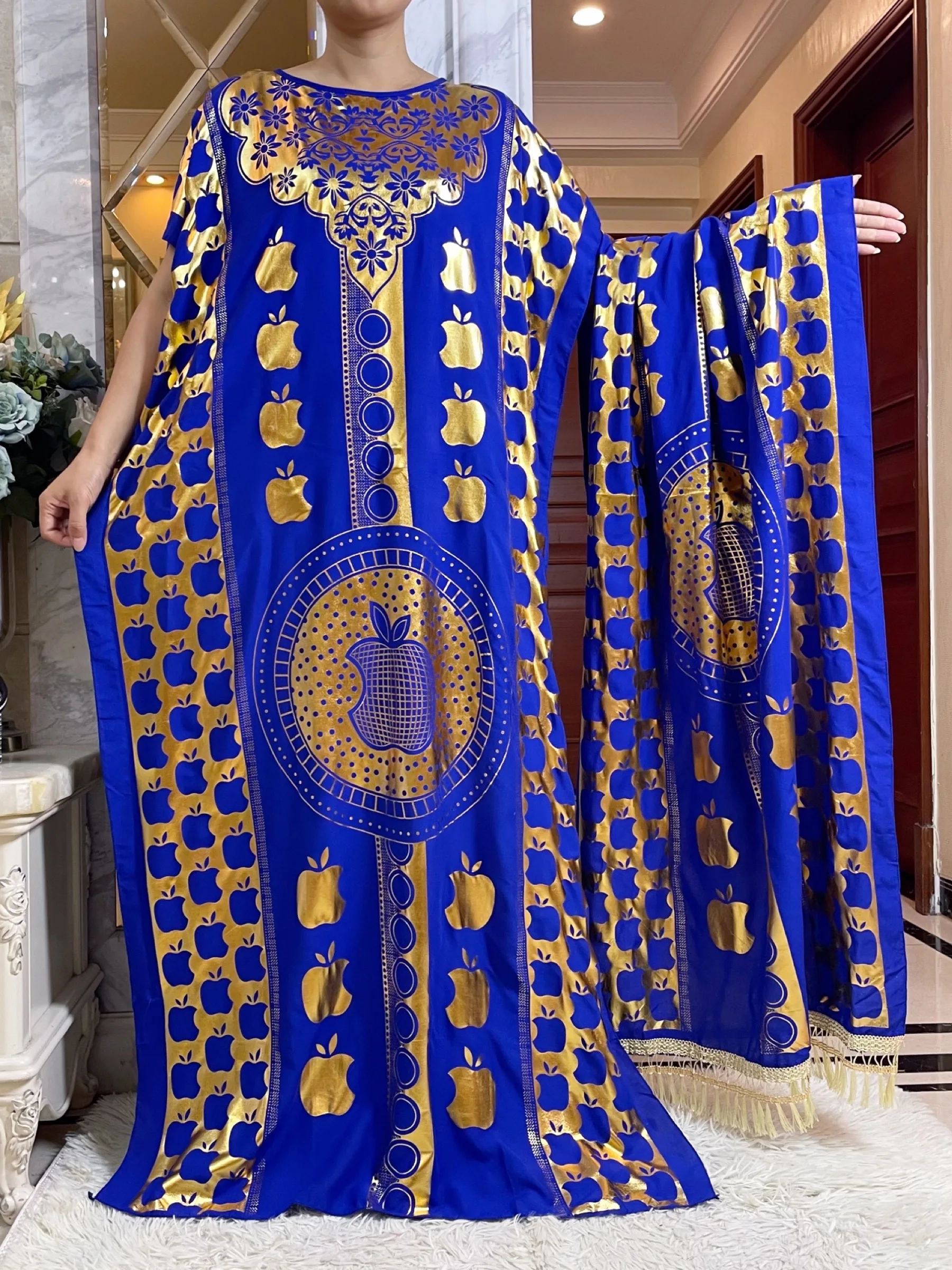 Robe d'été en coton à manches courtes pour femme, boubou, maxi islam, grande écharpe, africain, abaya, estampage doré, design pomme, nouveau