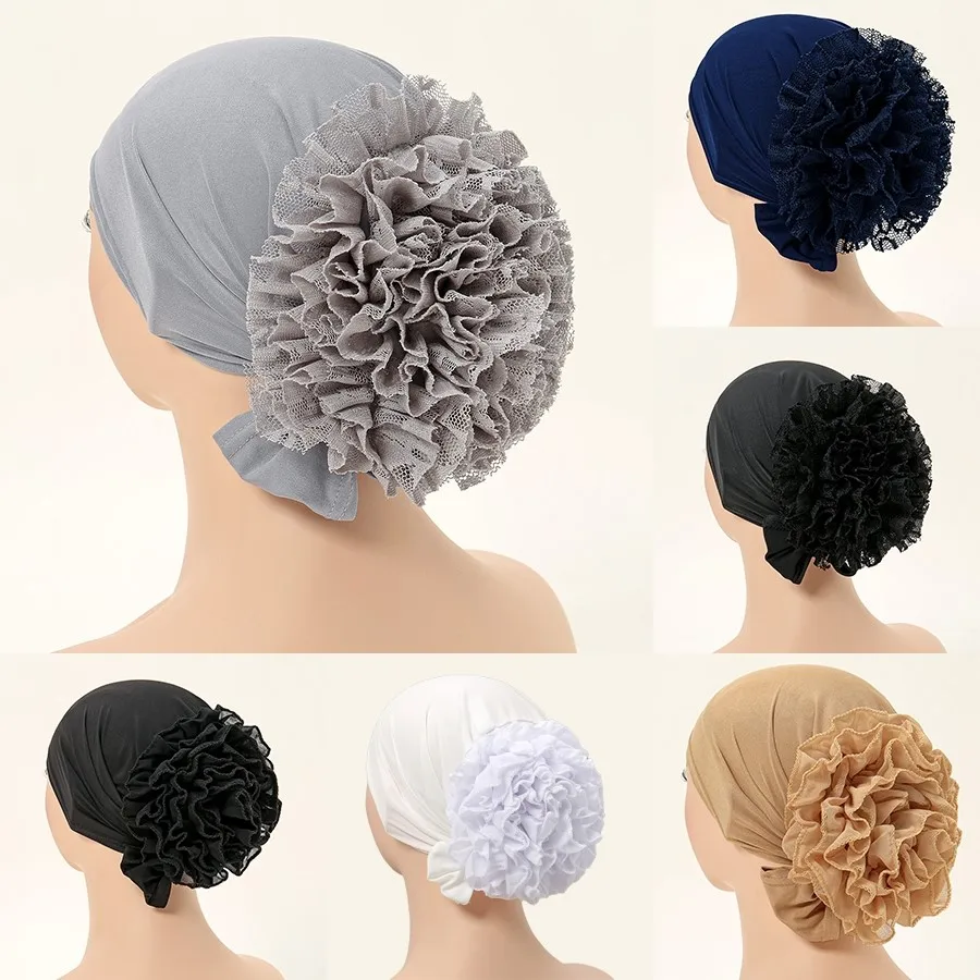 Bonnet Hijab Musulman en Dentelle pour Femme, Turban Islamique, Gros Volumateur de Fleurs, Chouchou d'Nik, Vêtement de Sauna, Accessoires Féminins