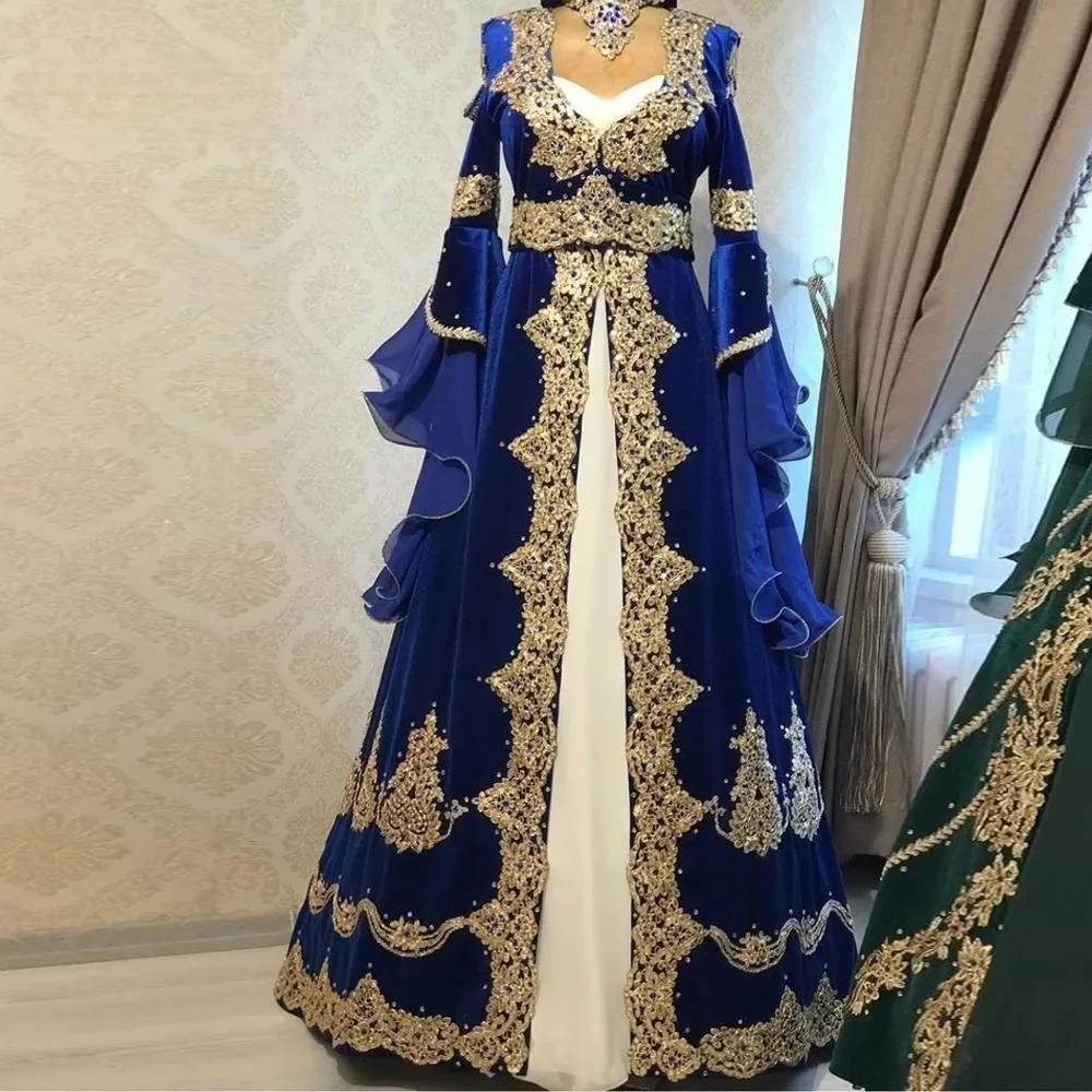 Robes de soirée musulmanes caftan marocain, robe islamique personnalisée, robe trapèze, manches longues, appliques en velours, bleu, Dubaï, arabe, Turquie, Abaya