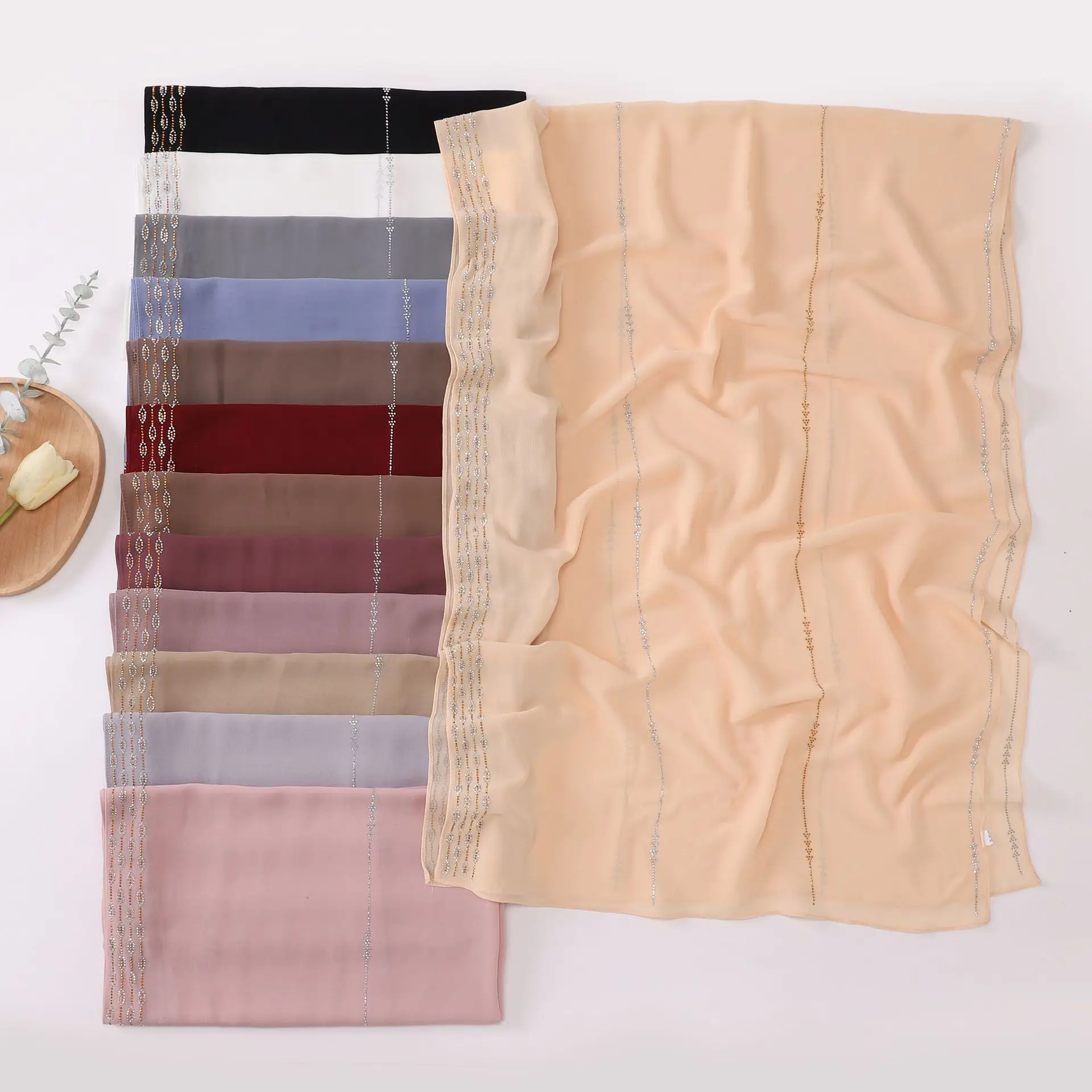 Strass solide en mousseline de soie Hijab écharpe femme musulman Hijab châle dames longues enveloppes Ramadan malaisie ethnique foulard Islam Turban